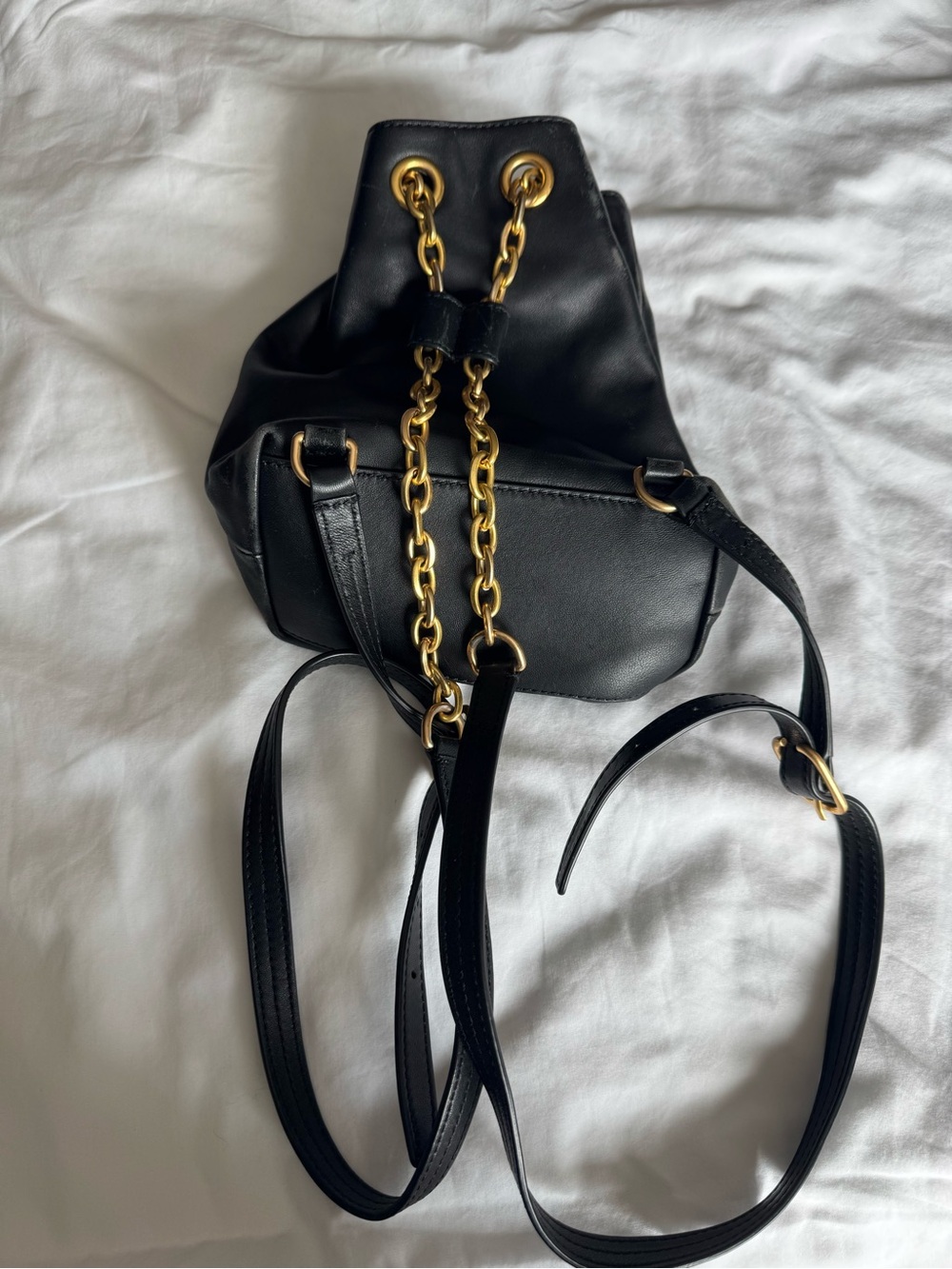 Tory Burch Black Leather Mini Drawstring Bucket Bag with Gold Chain - Picture 2 of 13